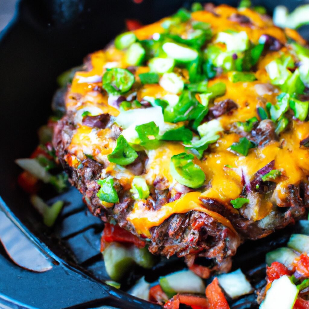 A delectable recipe featuring a succulent burger cooked in a black skillet.