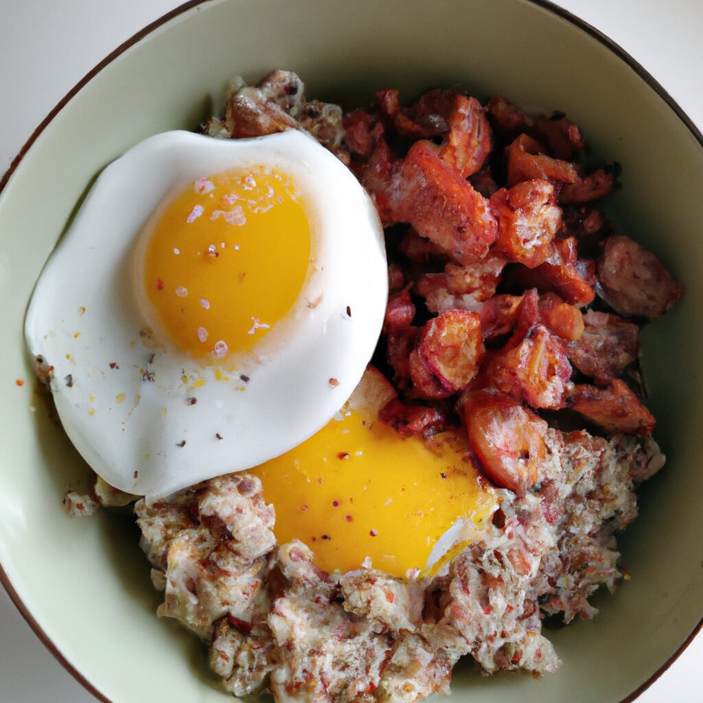 A delicious recipe featuring a bowl of food topped with a perfectly fried egg.