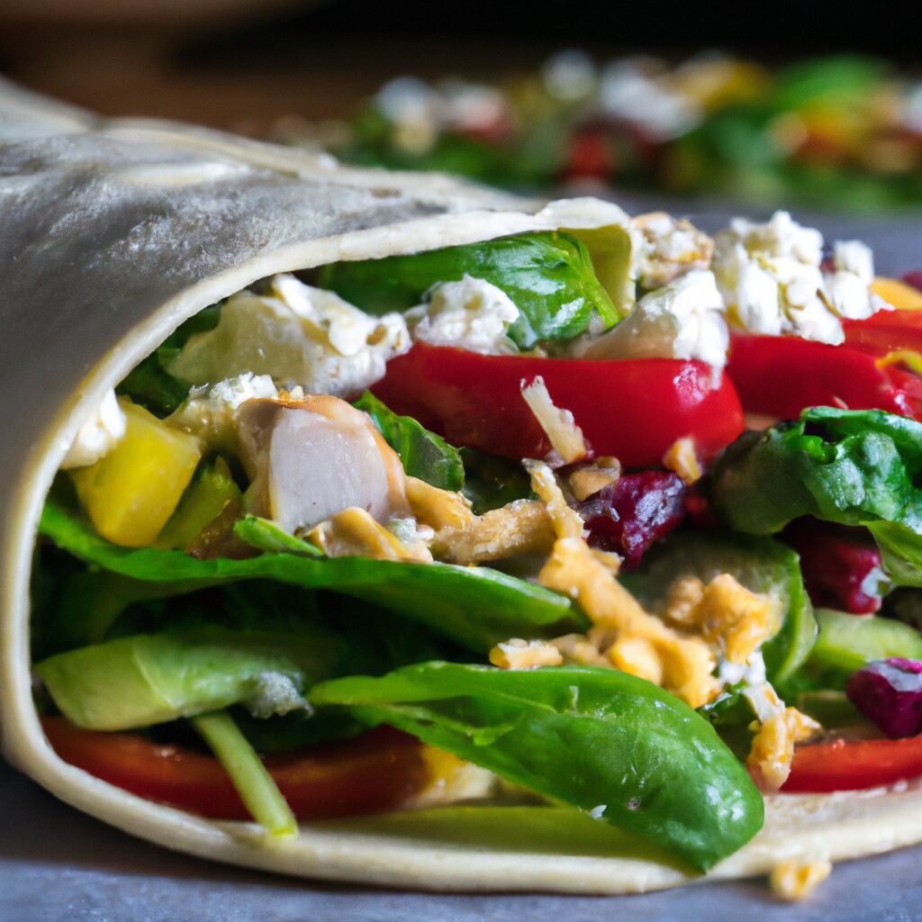 Recipe: A savory burrito filled with fresh vegetables and a tangy feta cheese.