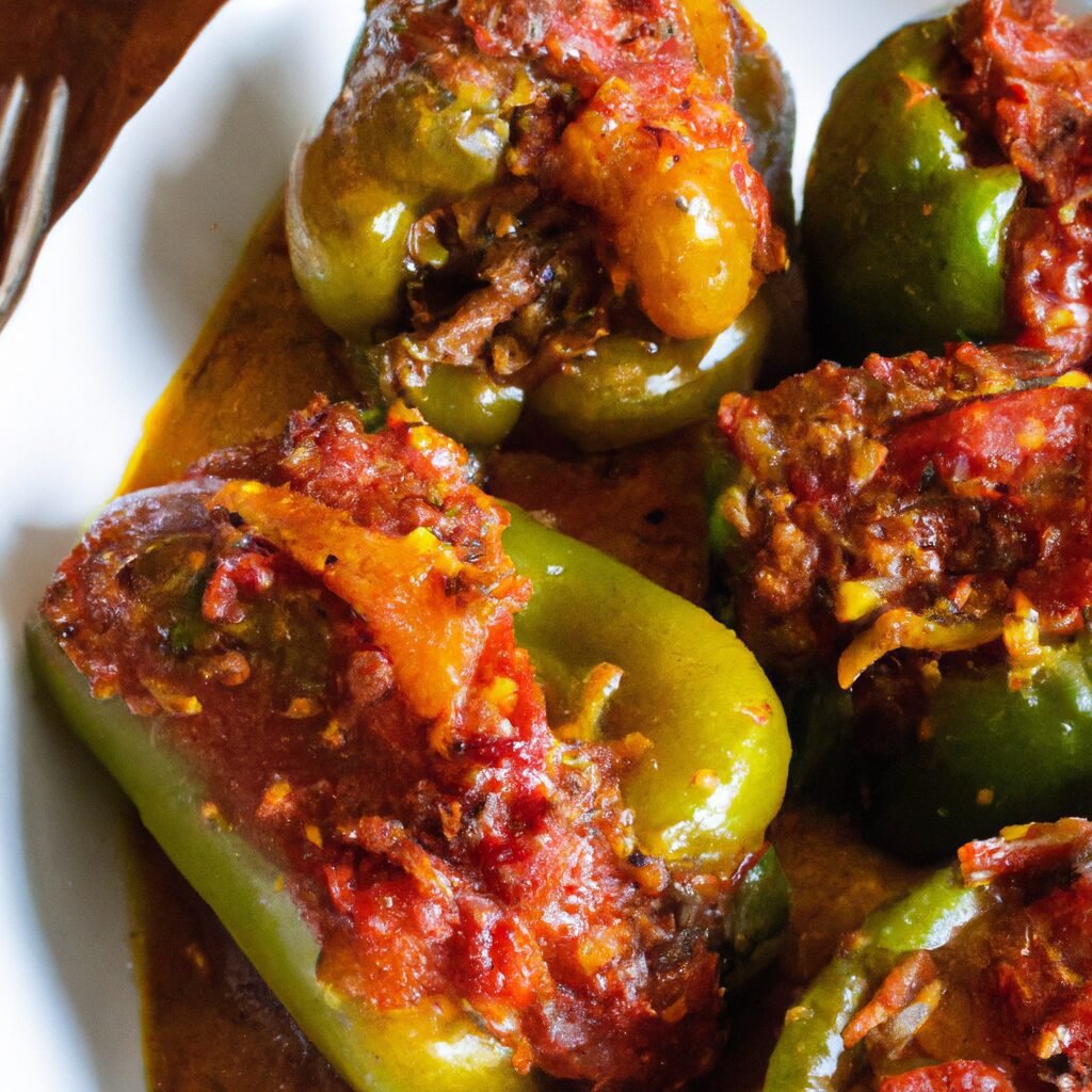 Stuffed peppers recipe on a plate with a fork.