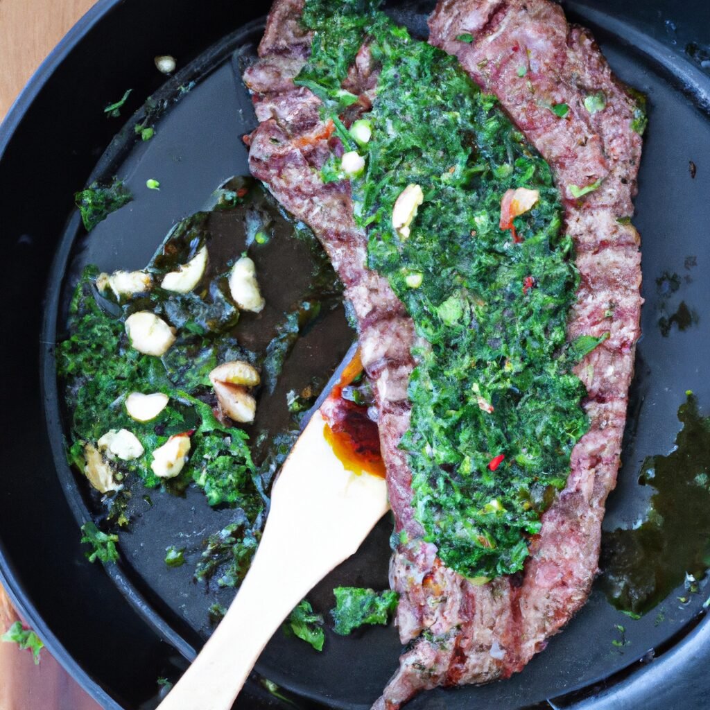 A recipe for a steak with pesto sauce cooked in a frying pan.