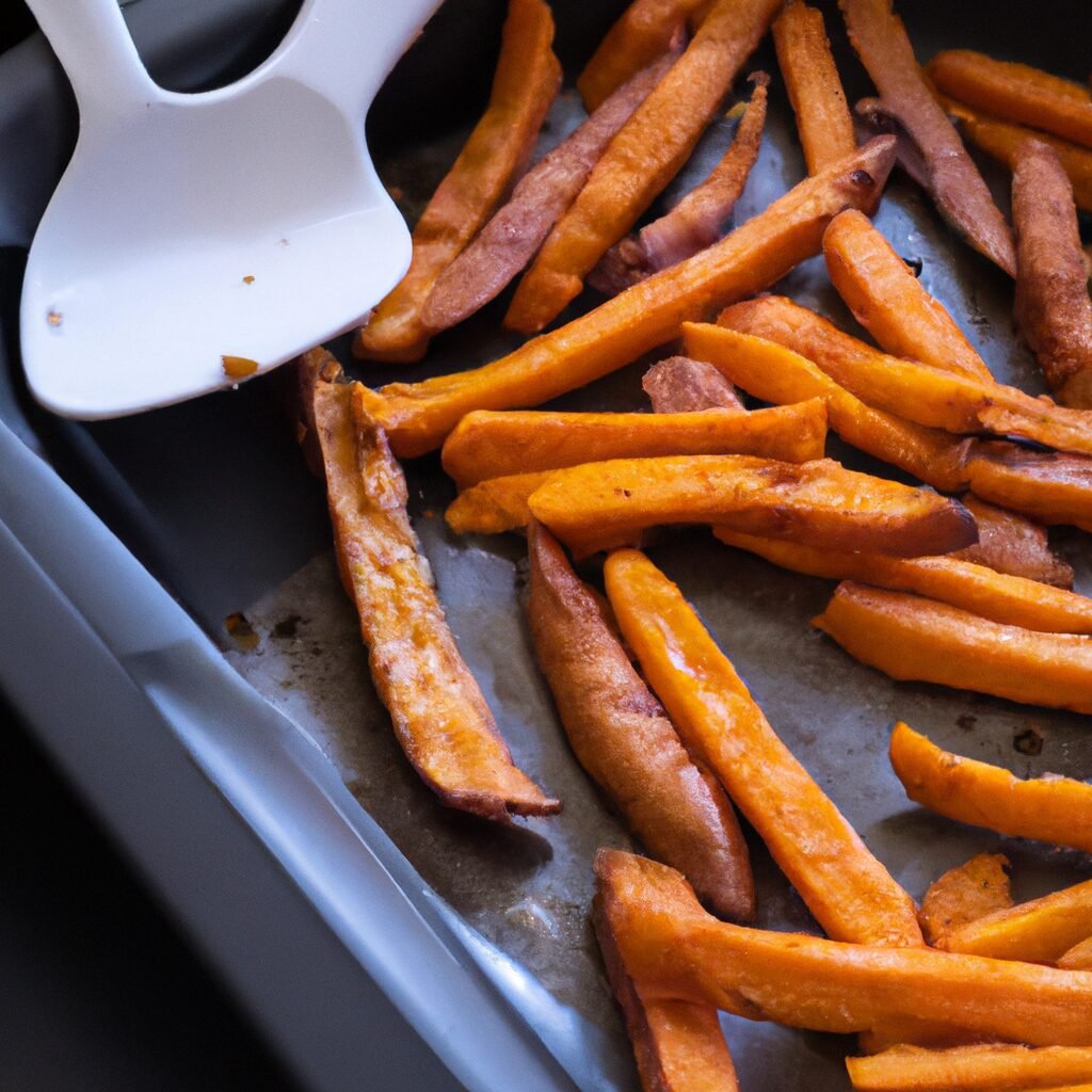 Recipe: Sweet potato fries cooked in a pan with a spatula.