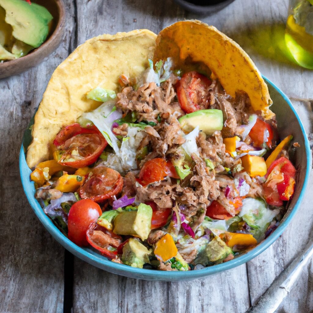 A recipe for a bowl of taco salad on a wooden table.