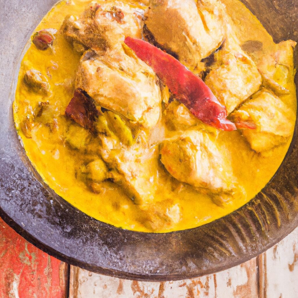 Description: A flavorful bowl of homemade chicken curry on a rustic wooden table.