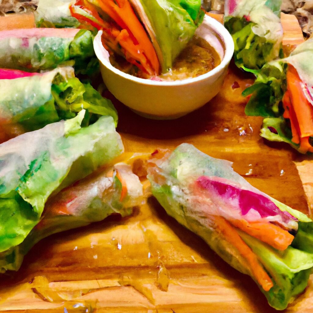 A wooden cutting board with a plate of spring rolls and a bowl of dipping sauce, perfect for a recipe.