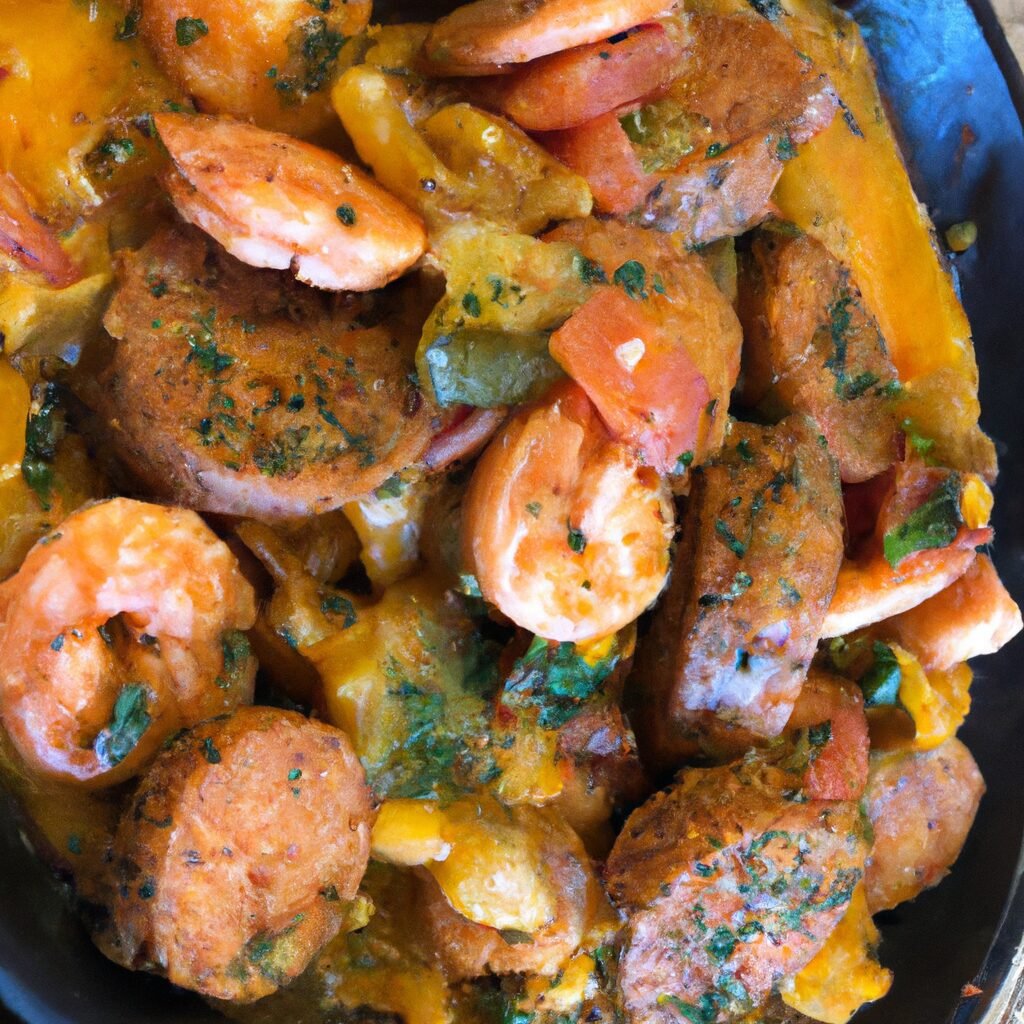 Recipe: A delicious black skillet with shrimp, sausage, and tomatoes.