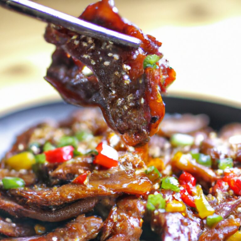 A person is holding a piece of meat on a plate while preparing a delicious recipe.