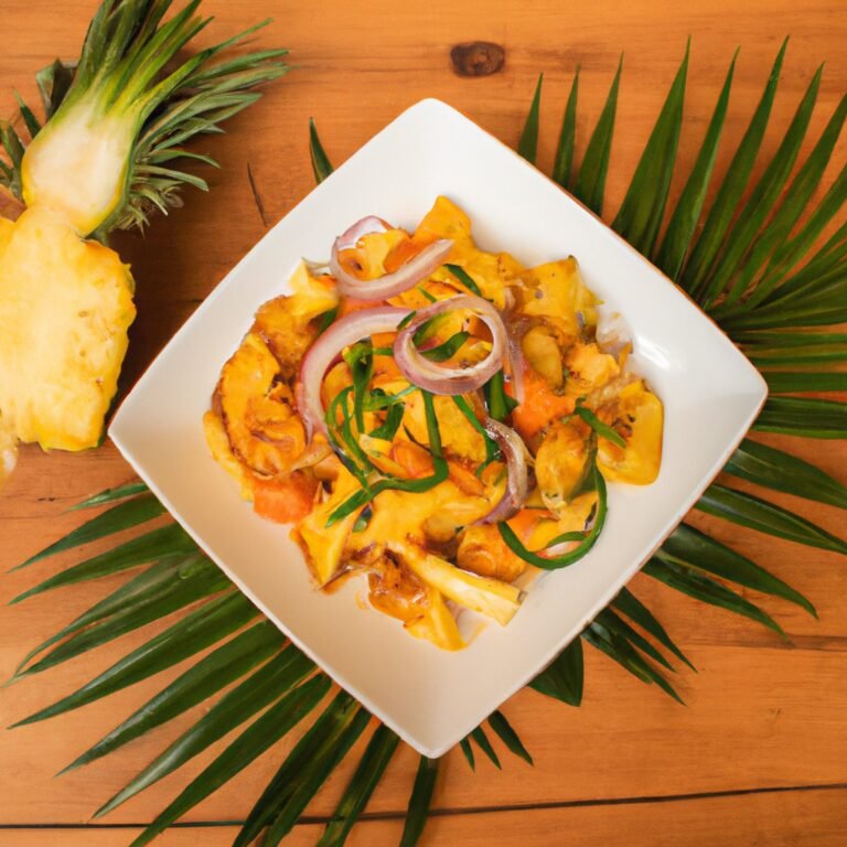 A delicious recipe of a plate of food on a table next to a pineapple.