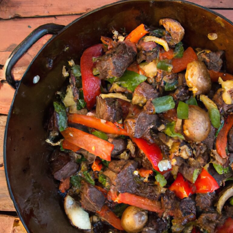 A recipe featuring a black pan filled with meat and vegetables.