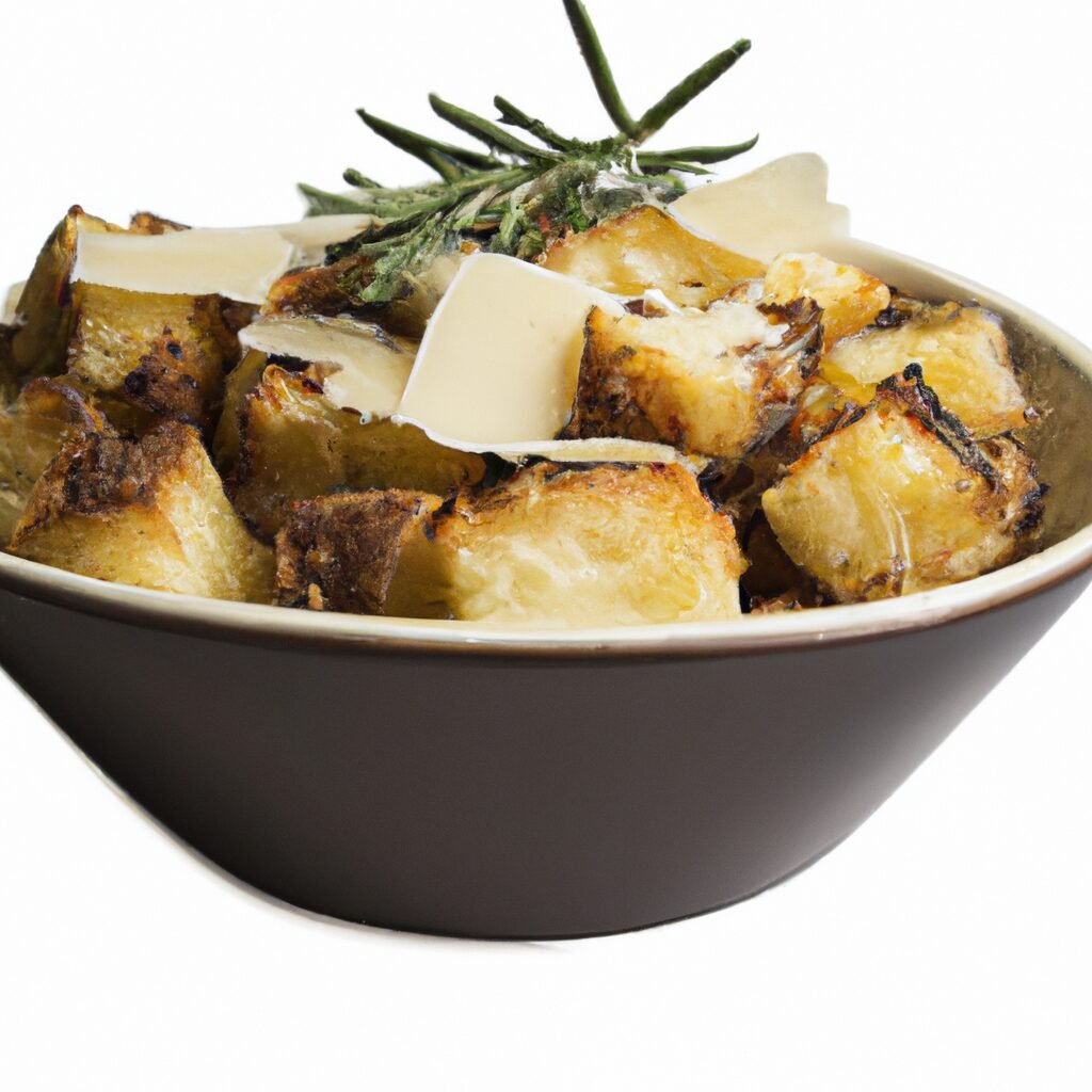 A delicious recipe for creamy mashed potatoes, garnished with a fragrant sprig of rosemary.