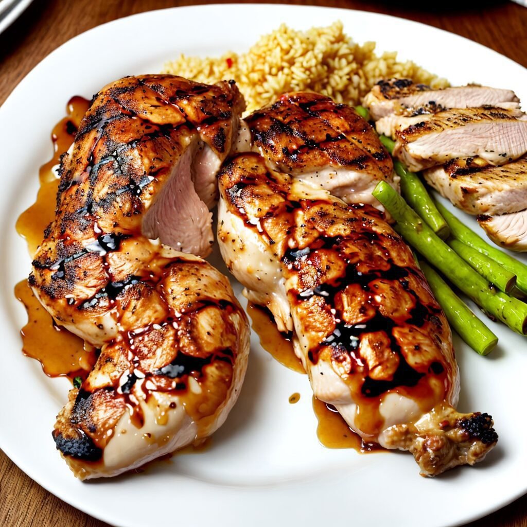 Grilled chicken on a white plate.