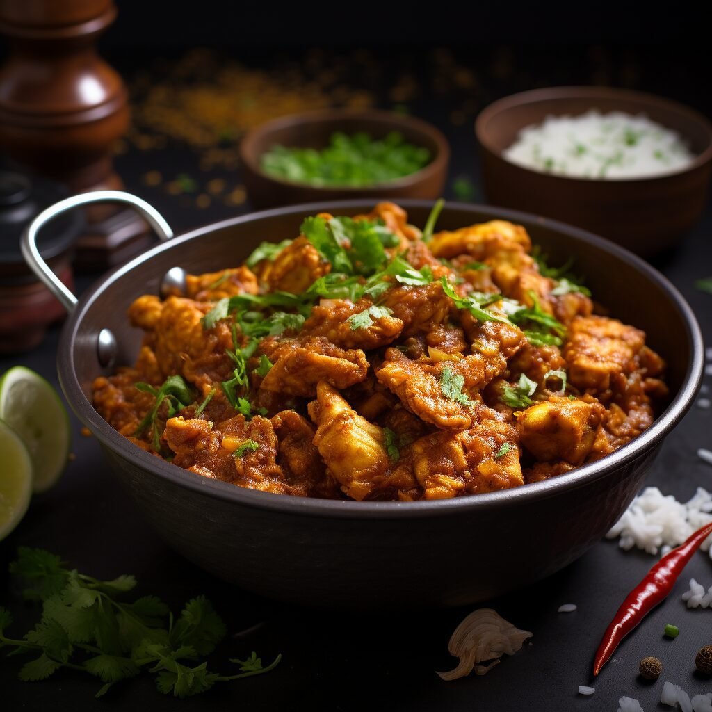 A bowl of tasty chicken masala with a crunchy texture