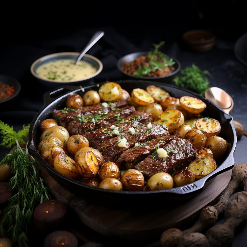 Steak and potatoes in a cast iron skillet with Garlic Butter sauce.