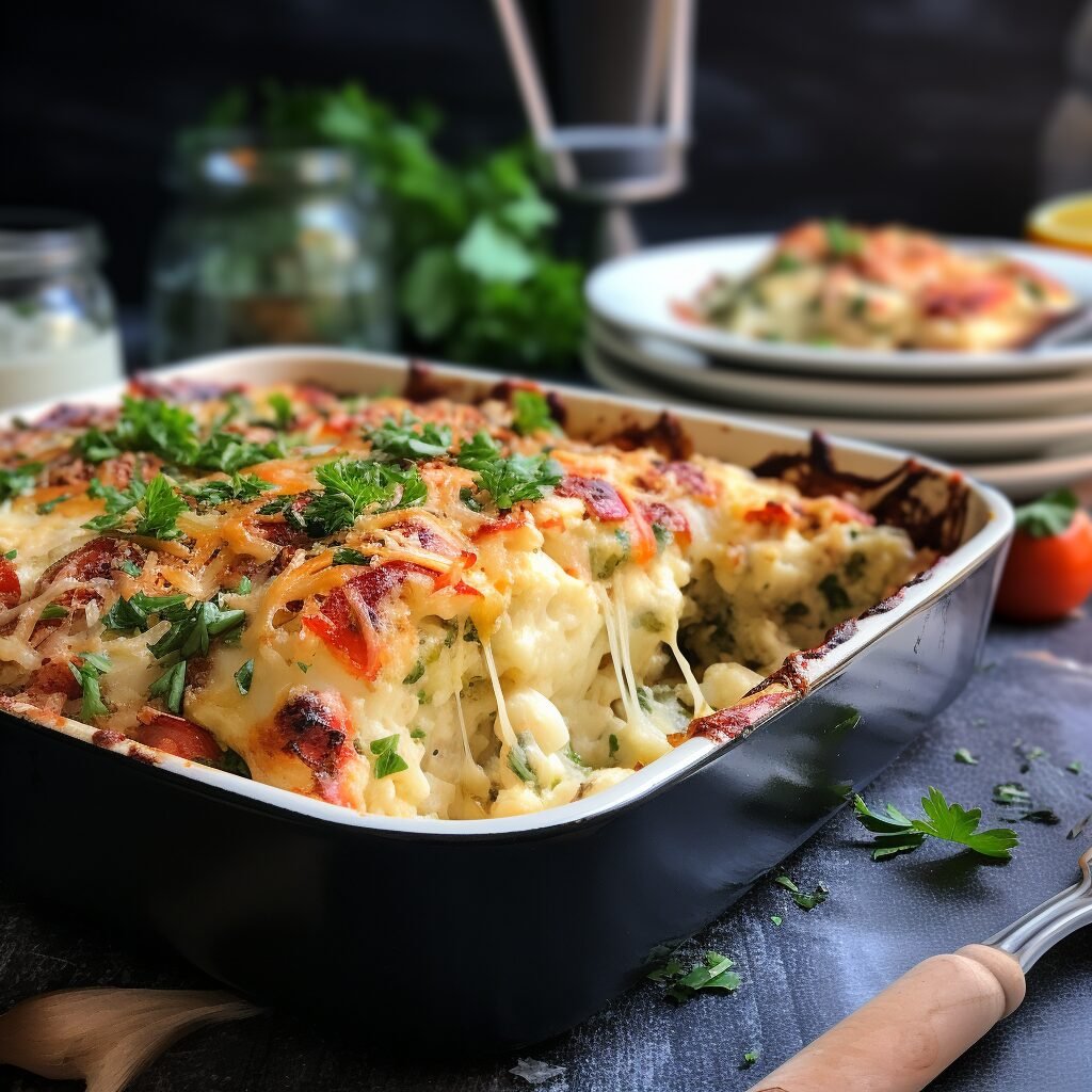 A casserole dish with Crab and Cauliflower in it.