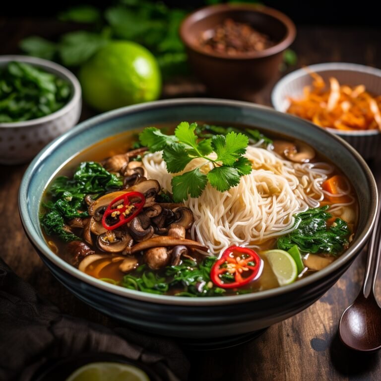 A bowl of soup with noodles and vegetables.