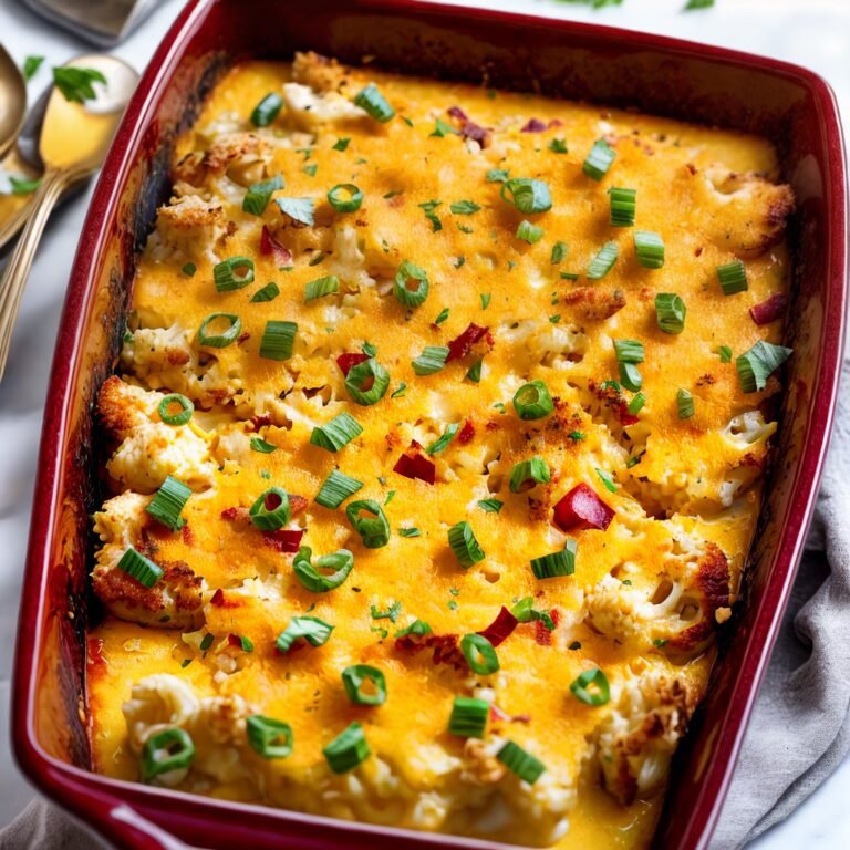 Cheesy cauliflower casserole in a casserole dish.