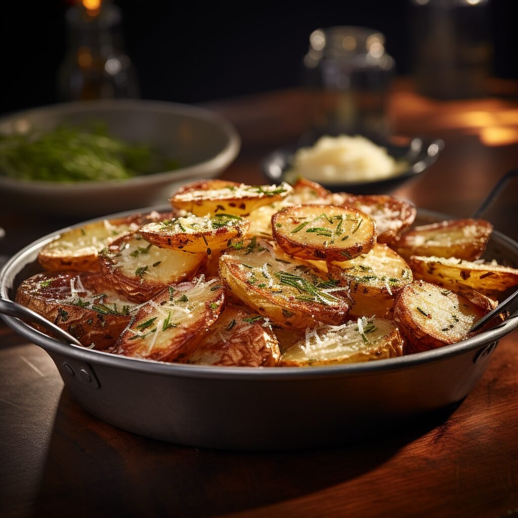 A pan full of potatoes on a table.