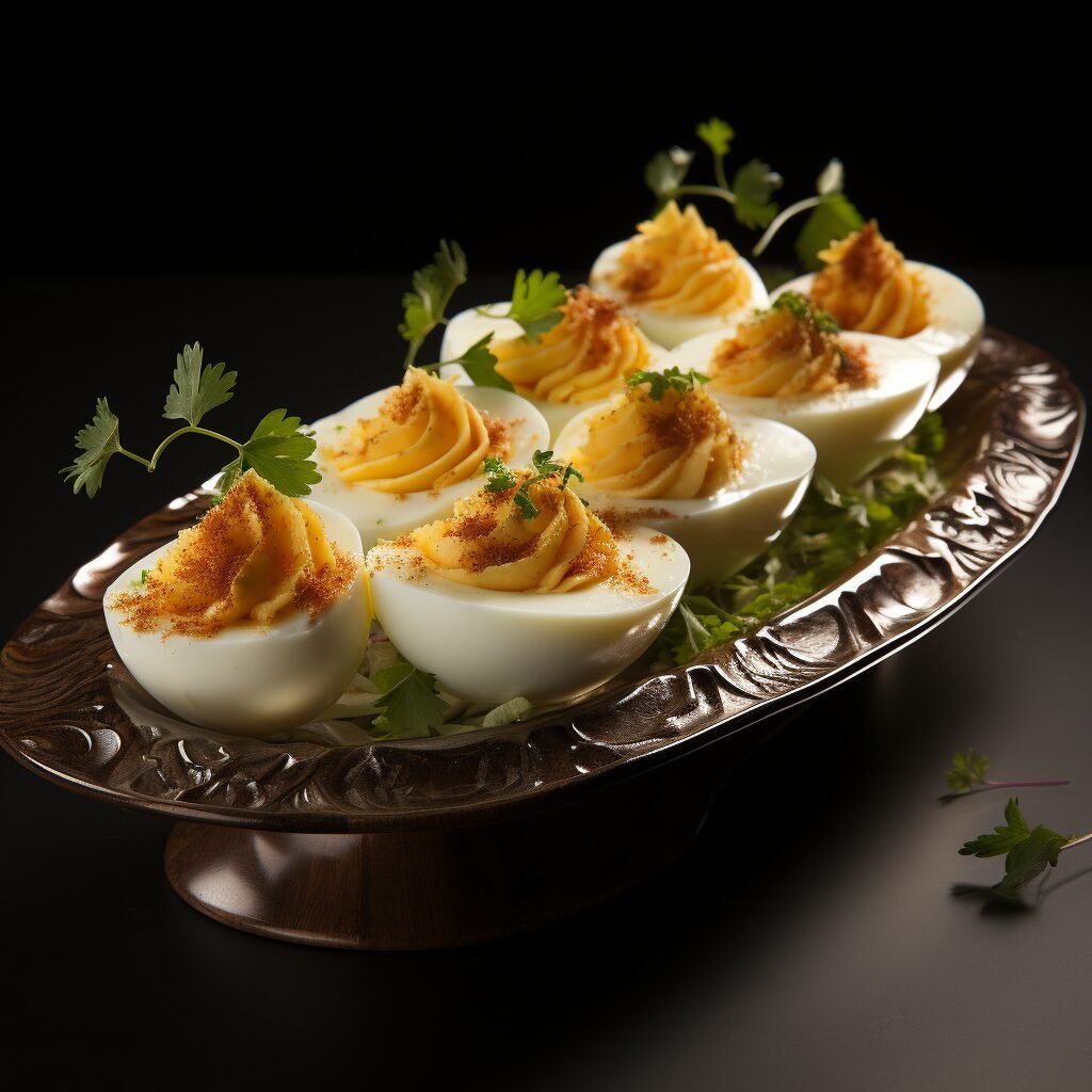 Deviled eggs on a plate with parsley.