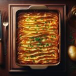 A dish of potatoes with a knife and fork on a table.