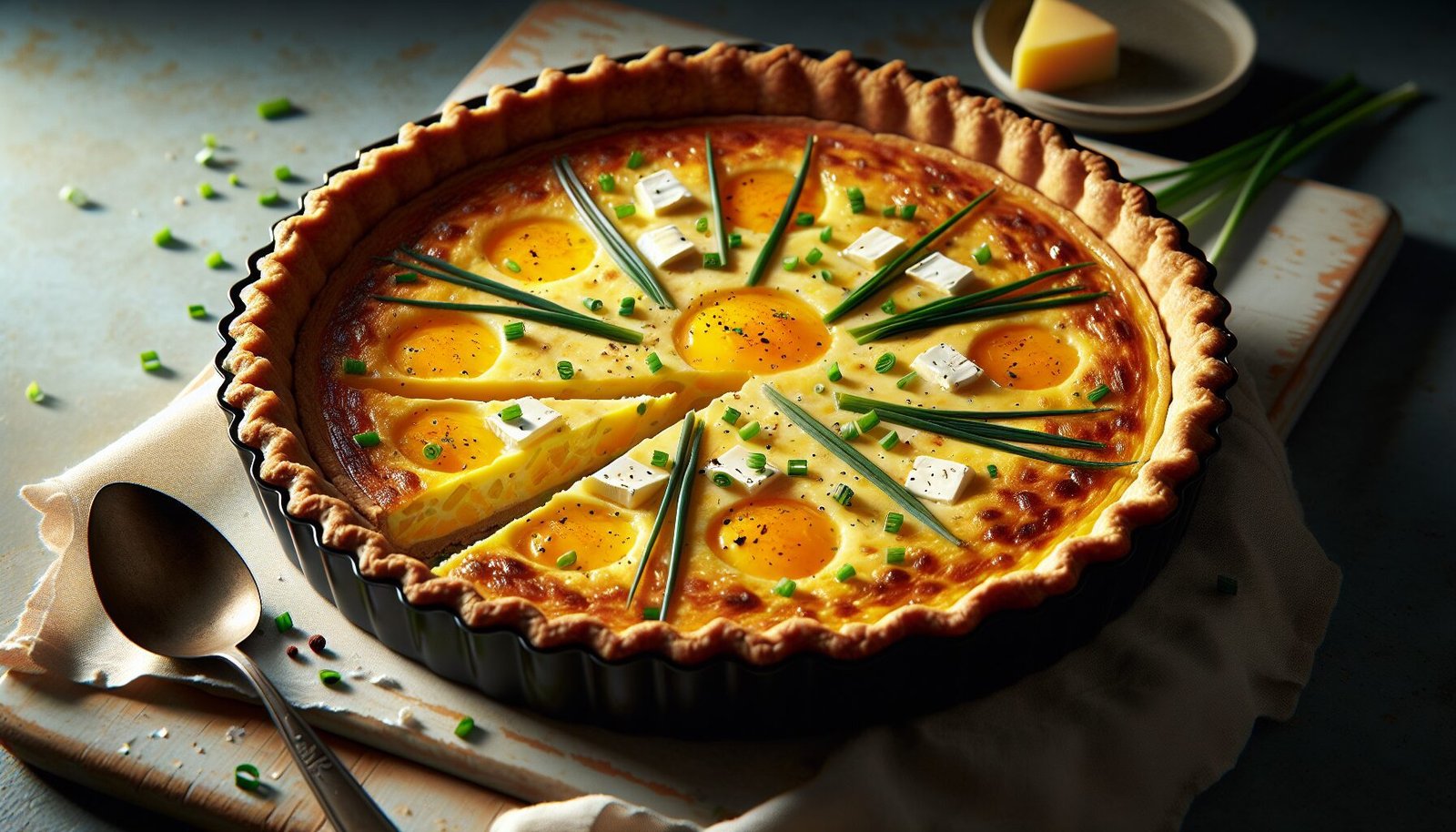 A quiche with eggs and chives on a wooden board.