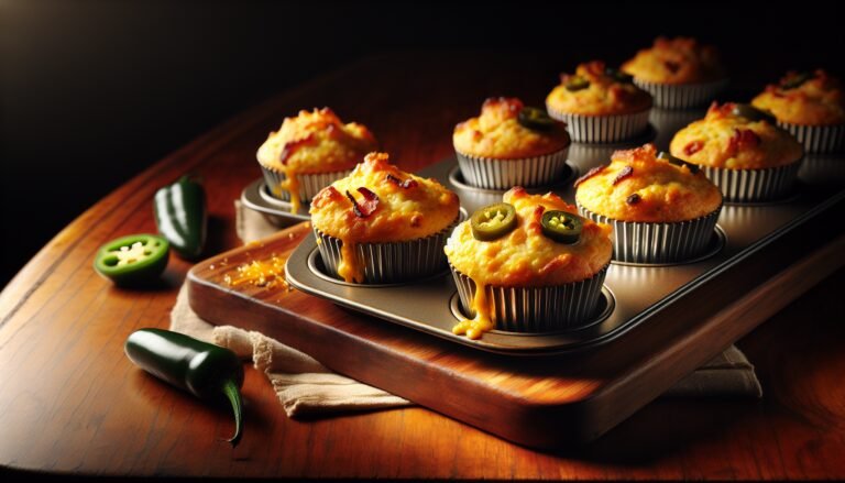 A tray of muffins with jalapeno peppers on it.