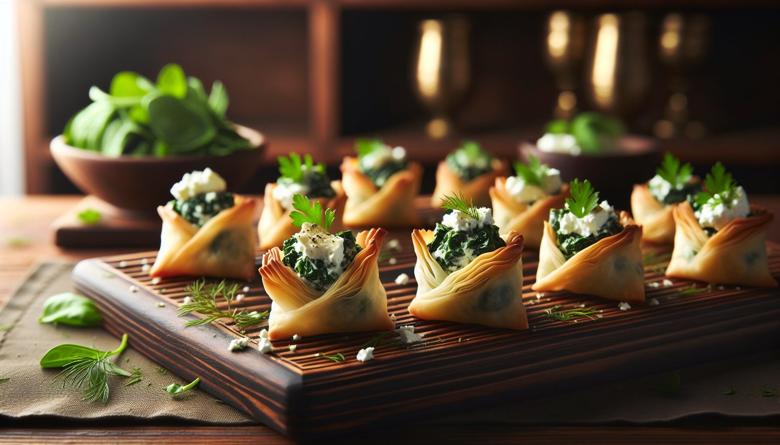 Appetizers with spinach and feta cheese on a wooden tray.