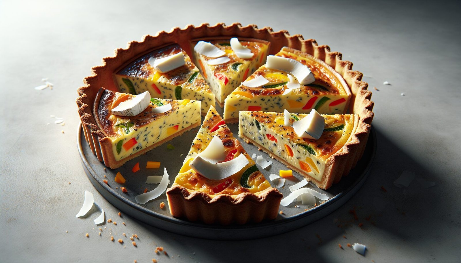 An image of a quiche with a slice taken out of it.