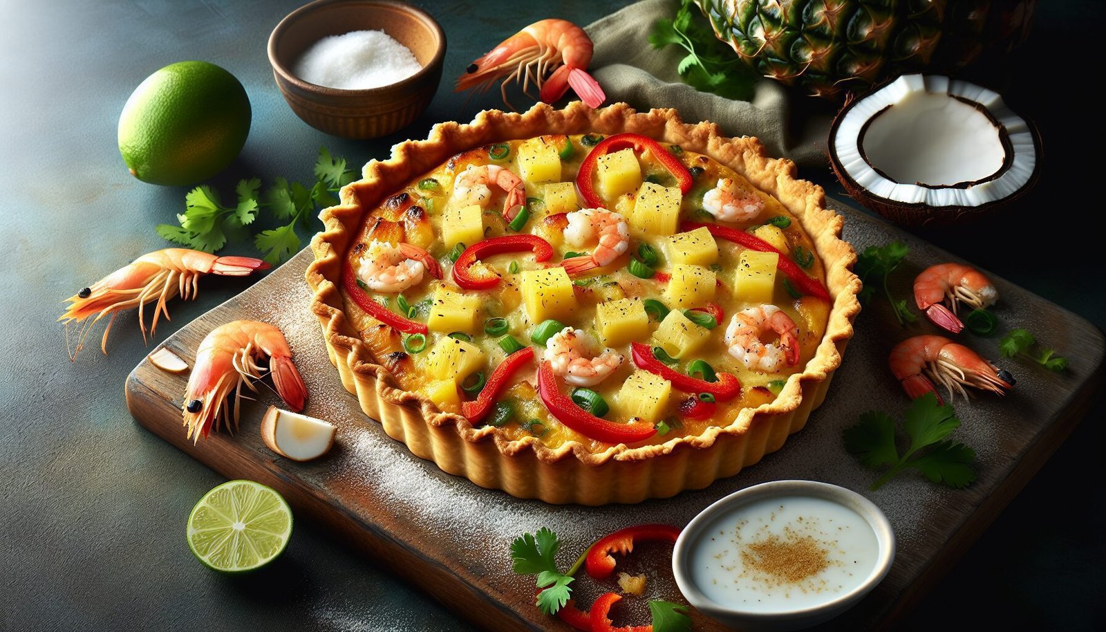 A pineapple tart with shrimp and lime on a wooden cutting board.