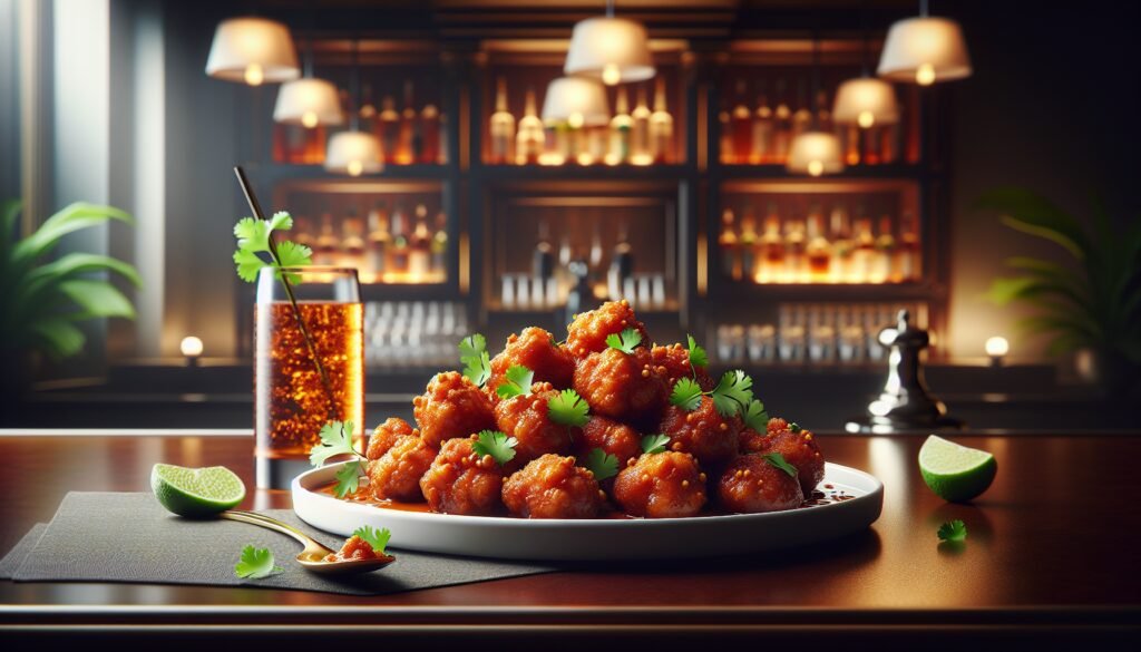 Chicken wings on a plate with a drink on the table.