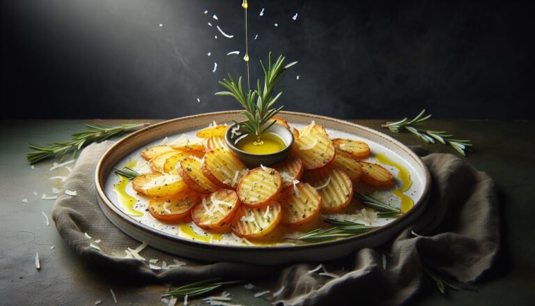 Roasted potatoes with rosemary and olive oil on a plate.