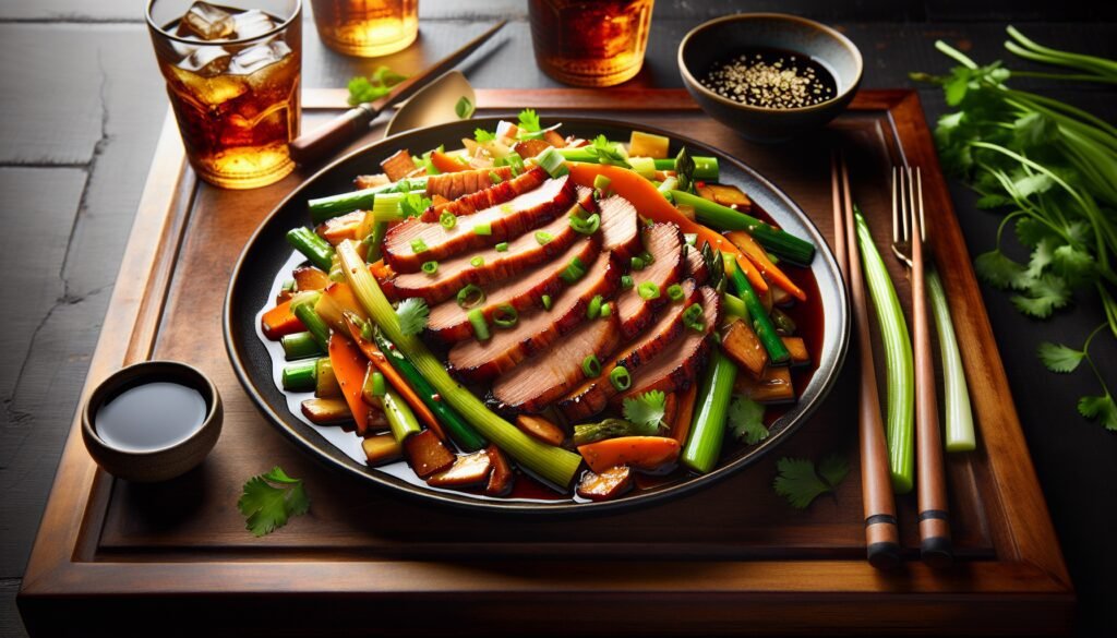 A plate of meat and vegetables on a wooden table.