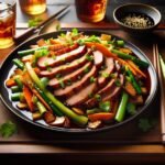 A plate of meat and vegetables on a wooden table.