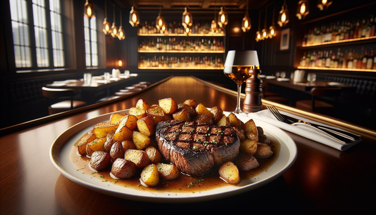 A plate of steak and potatoes on a table in a bar.