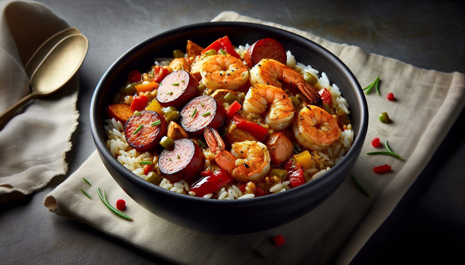 A bowl of rice with shrimp, sausage and peppers.