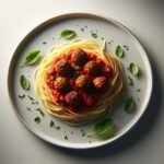 Spaghetti with meatballs on a plate.