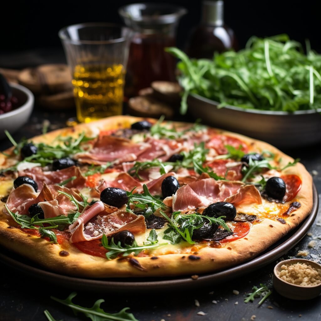 A pizza with olives and greens on a plate.