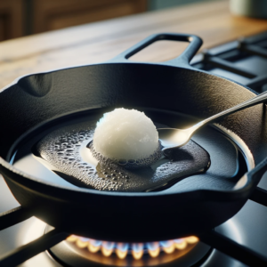 An ice cube in a frying pan on a stove.