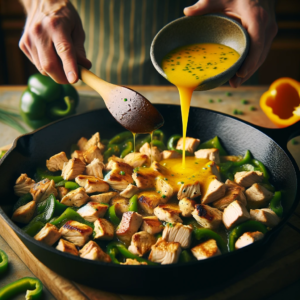 A person pouring egg mixture over chicken in a skillet.