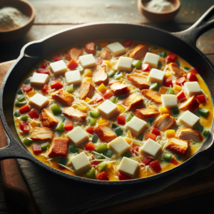 A skillet filled with vegetables and tofu.