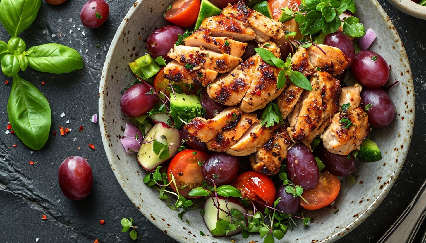 grilled chicken strips as the protein component. It also includes a variety of vegetables and fruits: there are red grapes, cherry tomatoes, and slices of cucumber. It appears to be garnished with fresh herbs like basil and possibly parsley or microgreens. The salad is seasoned with what looks like cracked black pepper and possibly some red chili flakes.