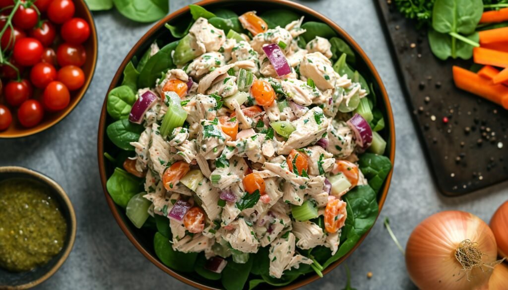 cassarole of chicken salad made with chopped ingredients: rotisserie chicken, grapes, celery, onion, Toom garlic dip, mayo, mustard, and relish. Place on a plate with spinach salad greens and colorful roasted vegetables