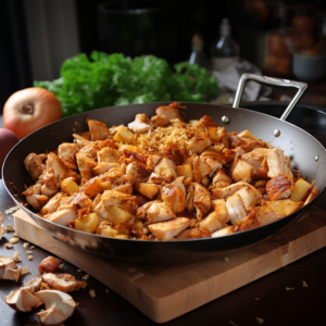 A pan full of food on a wooden cutting board.