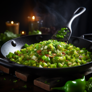 A frying pan with green vegetables and a candle.