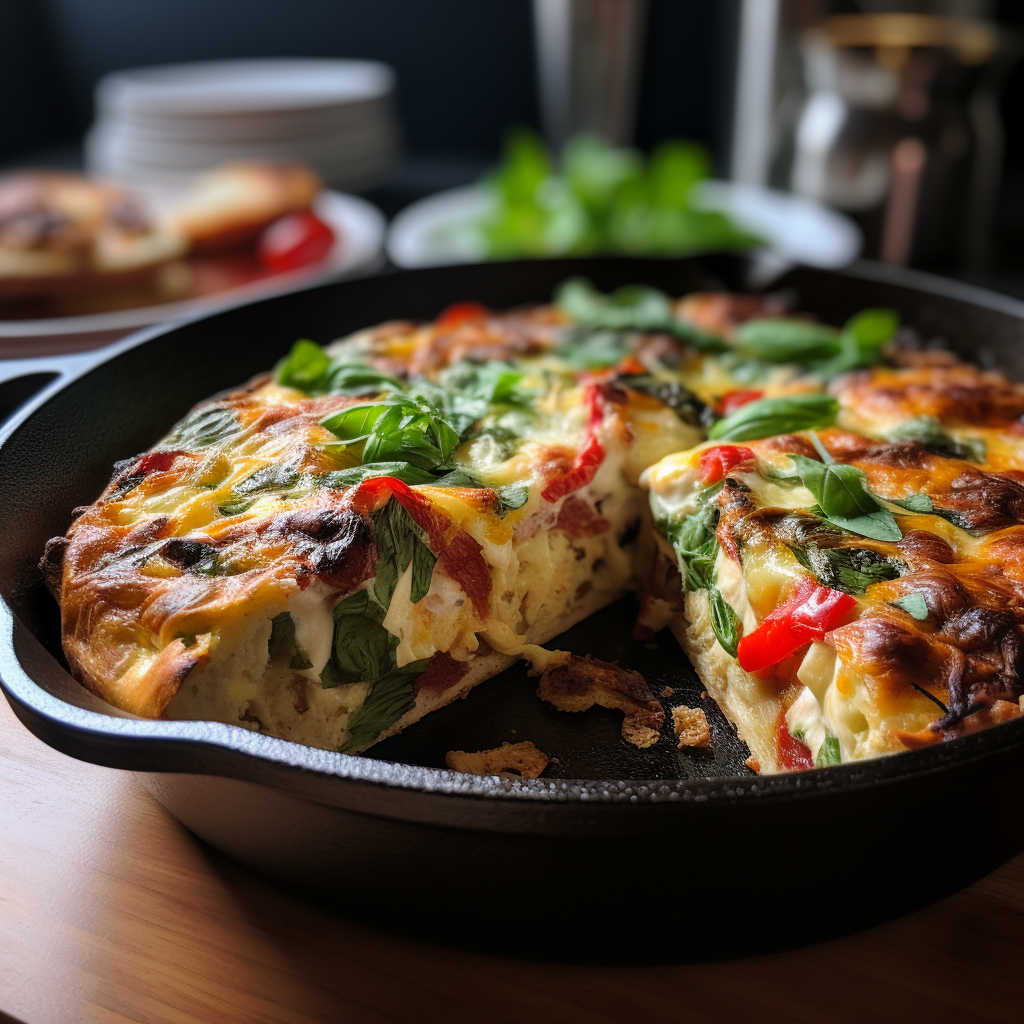 A skillet filled with a quiche on a table.