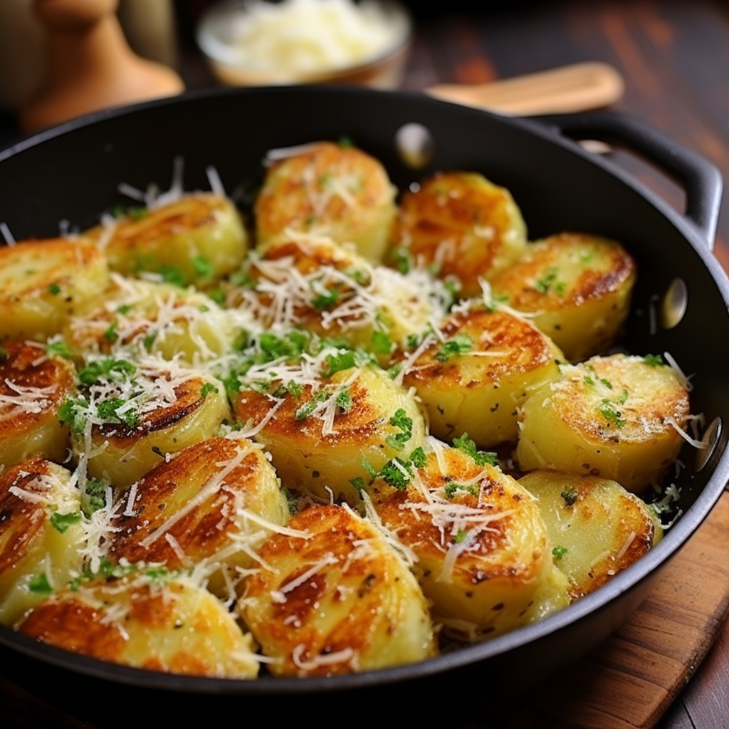 Roasted potatoes in a skillet with parmesan cheese.