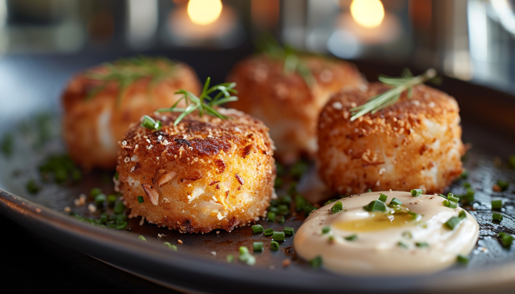 A plate of scallops with dipping sauce on a black plate.