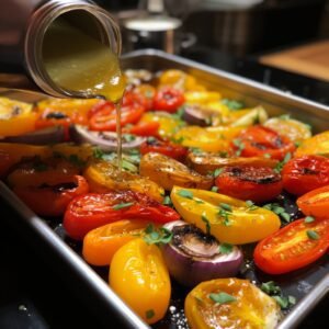 A person is drizzling olive oil on a tray of vegetables.