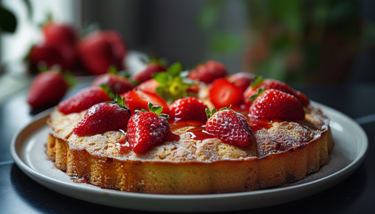 A freshly baked tart topped with whole strawberries and a drizzle of glaze, served on a white plate with more strawberries in the background.