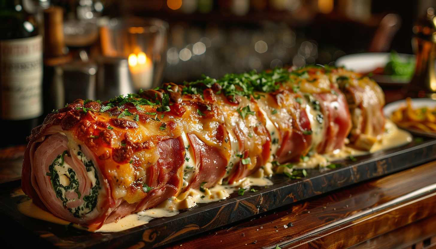 A rolled meat dish topped with melted cheese and herbs is served on a long wooden board with a creamy sauce. Candles and bottles are visible in the background.