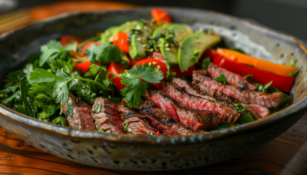 A bowl of sliced grilled steak, garnished with fresh cilantro, accompanied by sliced avocado, cherry tomatoes, and bell peppers.